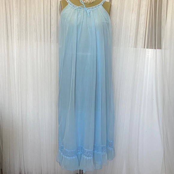 Source Unknown Other - Vintage 60’s Nylon Light Blue Chiffon Maxi Nightgown Ruffle Lace Size S